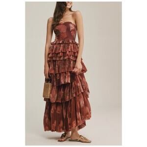 Hutch Nalina Strapless Floral Tiered Tulle Maxi Dress Wine Floral Sz XS/S NWOT